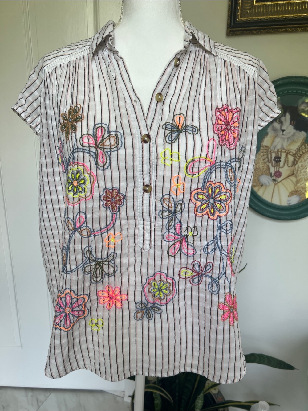 Pilcro White Pinstripe Button Front Blouse with Multicolor Floral Embroidery - Picture 3 of 5